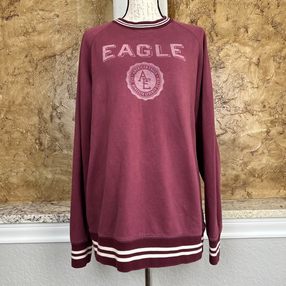 American Eagle Sweatshirt Men's L Spell Out Crew Neck Pullover Burgundy